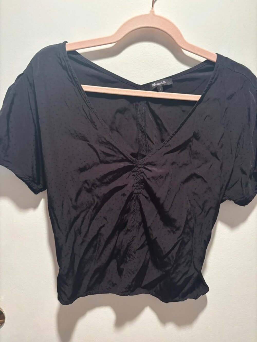 Madewell Elegant Black Ruched V-Neck Dotted Blouse - Picture 4 of 4